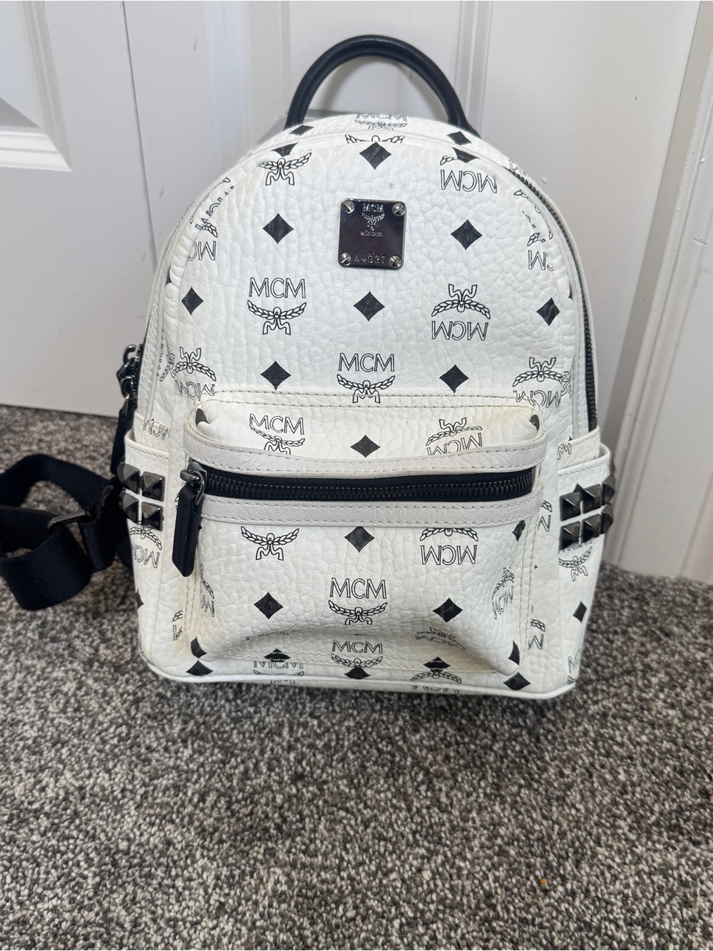 MCM Stark Mini Backpack White Visetos Studded Leather Trim
